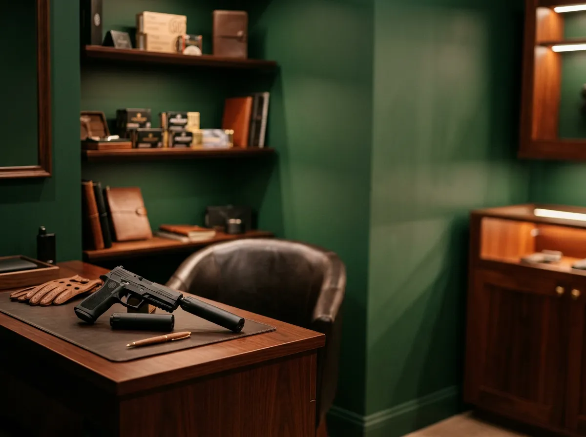 A selection of firearms and safety gear on a table at an indoor shooting range.